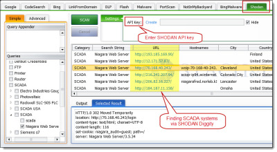 Shodan Diggity, part of the SearchDiggity attack tool by Bishop Fox. Comes preloaded with the Shodan Hacking Database (SHDB)